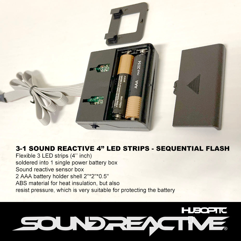 3 Sound reactive 4" inch LED Strips Flash Sequentially - Cuttable Cosplayer Sequence sound activate lights portable string light Sequential EQ style lighting