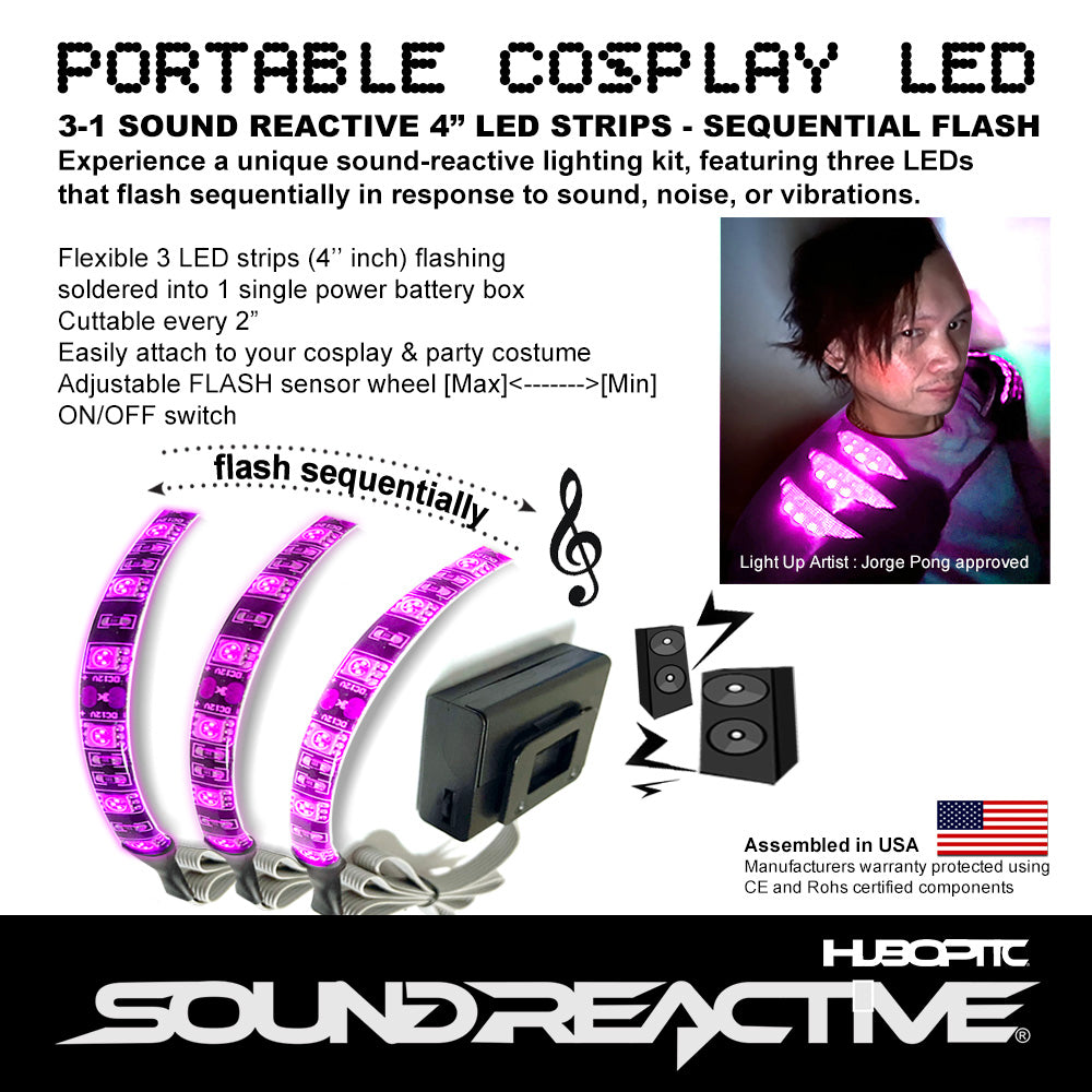 3 Sound reactive 4" inch LED Strips Flash Sequentially - Cuttable Cosplayer Sequence sound activate lights portable string light Sequential EQ style lighting