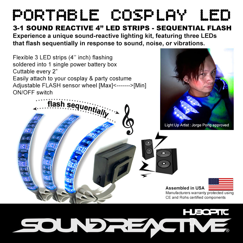 3 Sound reactive 4" inch LED Strips Flash Sequentially - Cuttable Cosplayer Sequence sound activate lights portable string light Sequential EQ style lighting